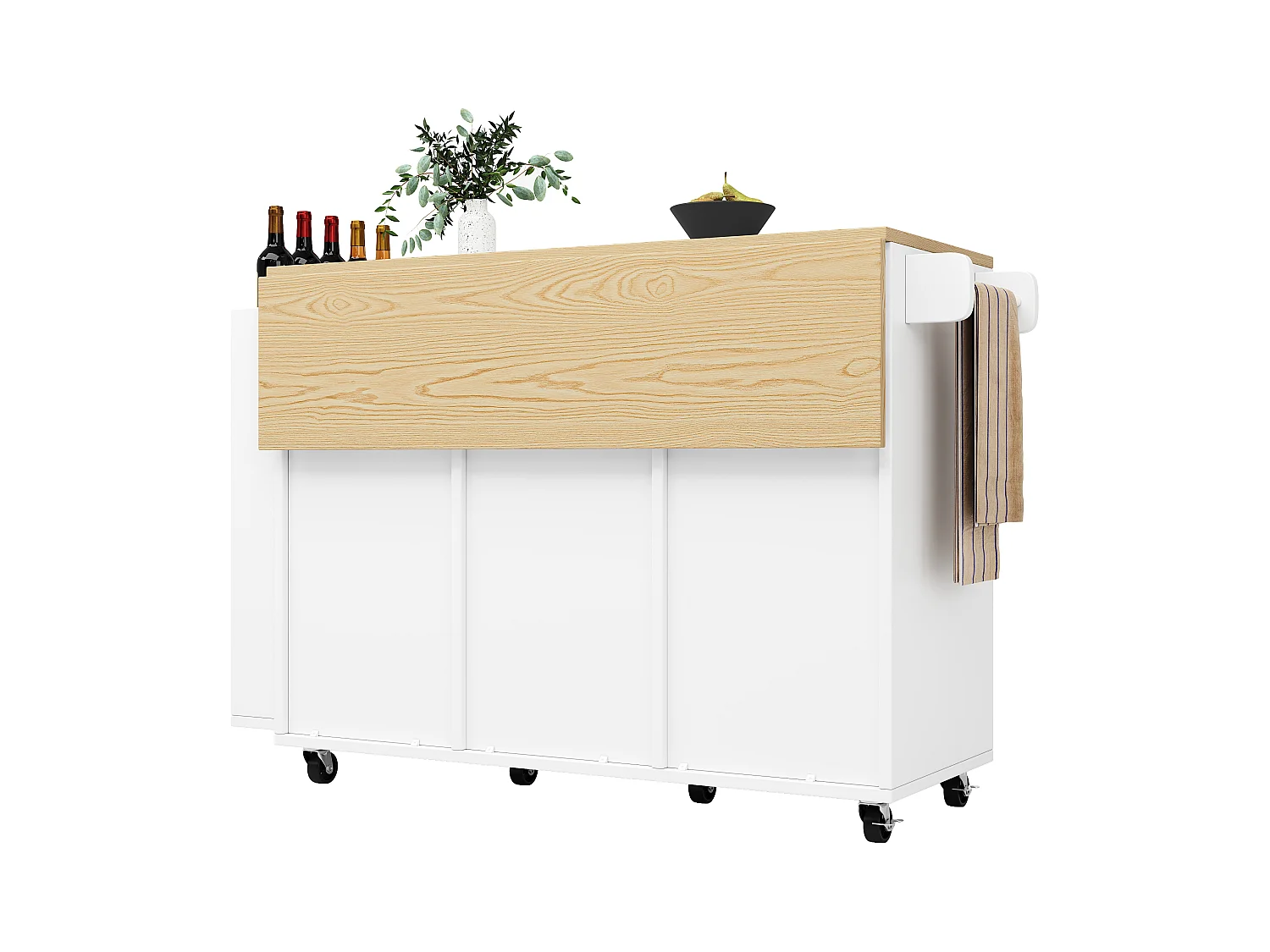 Isla de cocina central móvil - Tablero extensible - 3 cajones - Con estante para especias y toallero - MDF - blanco