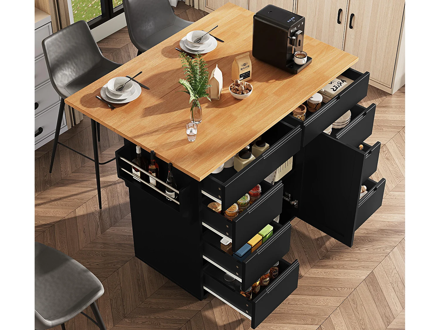 Ilha de cozinha central móvel - Tampos extensíveis - 8 gavetas e 1 porta - Com prateleira para temperos - MDF - Preto