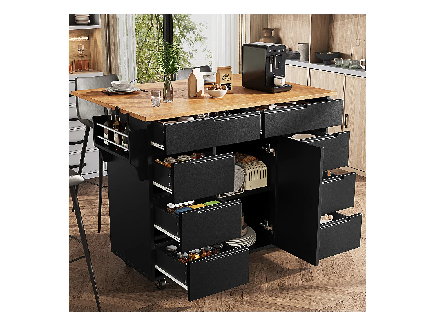 Ilha de cozinha central móvel - Tampos extensíveis - 8 gavetas e 1 porta - Com prateleira para temperos - MDF - Preto