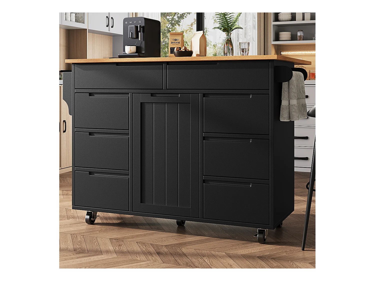 Ilha de cozinha central móvel - Tampos extensíveis - 8 gavetas e 1 porta - Com prateleira para temperos - MDF - Preto