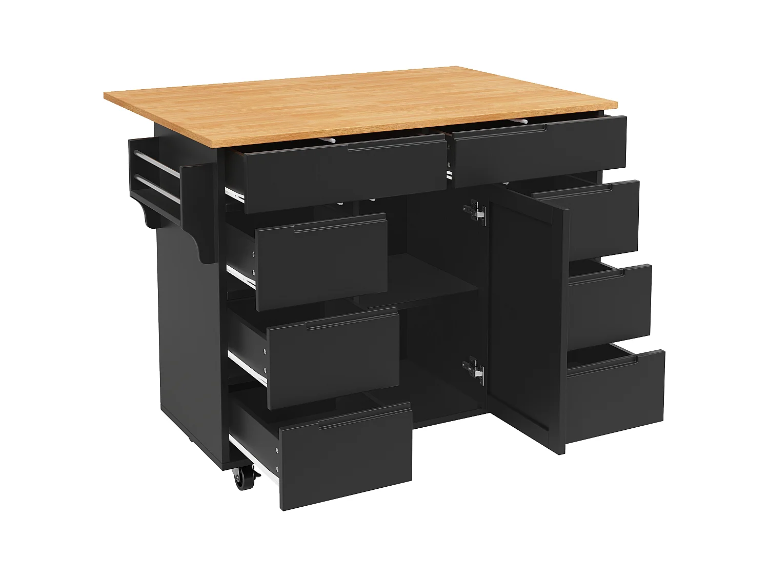 Ilha de cozinha central móvel - Tampos extensíveis - 8 gavetas e 1 porta - Com prateleira para temperos - MDF - Preto