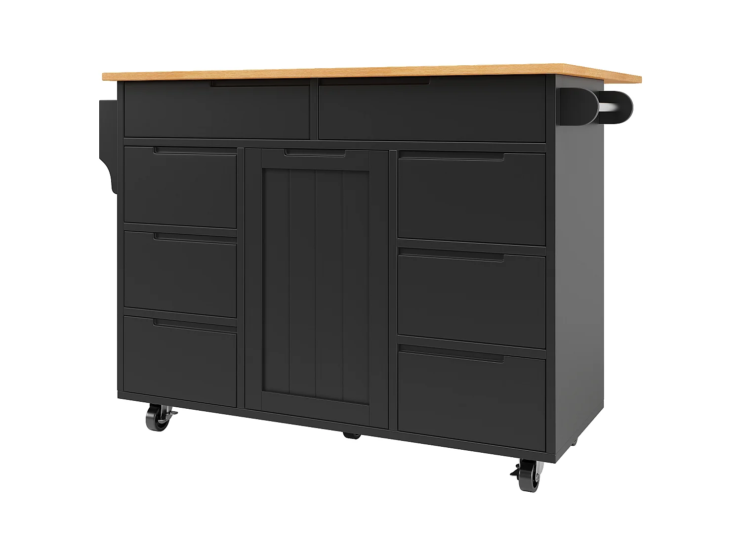 Ilha de cozinha central móvel - Tampos extensíveis - 8 gavetas e 1 porta - Com prateleira para temperos - MDF - Preto