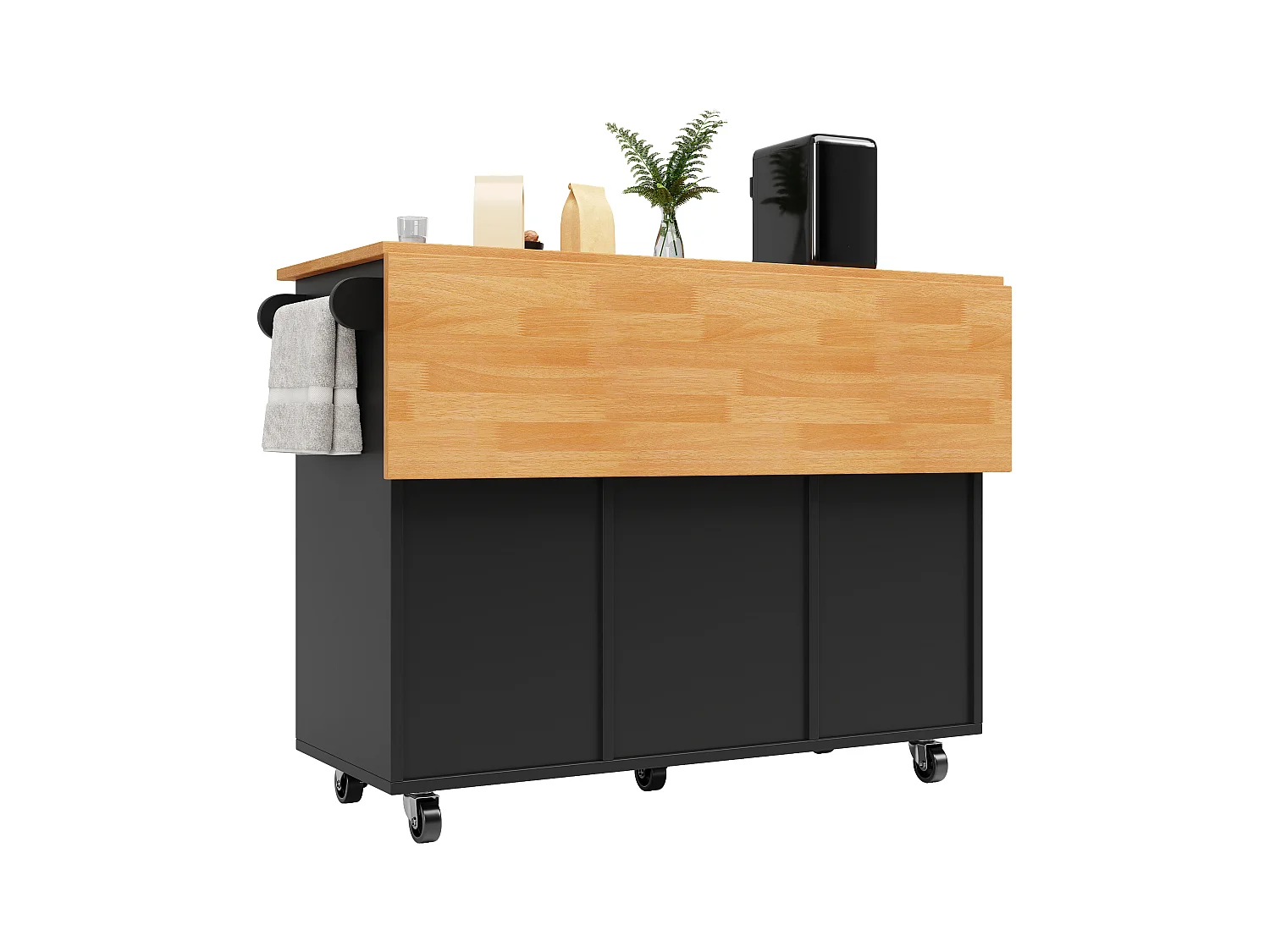 Ilha de cozinha central móvel - Tampos extensíveis - 8 gavetas e 1 porta - Com prateleira para temperos - MDF - Preto