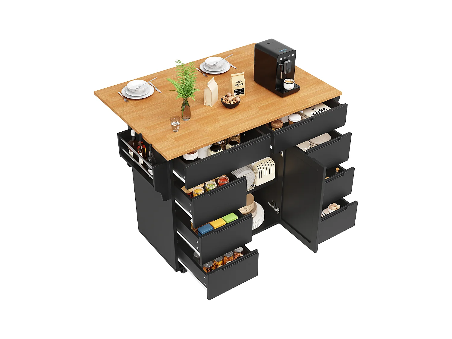 Ilha de cozinha central móvel - Tampos extensíveis - 8 gavetas e 1 porta - Com prateleira para temperos - MDF - Preto