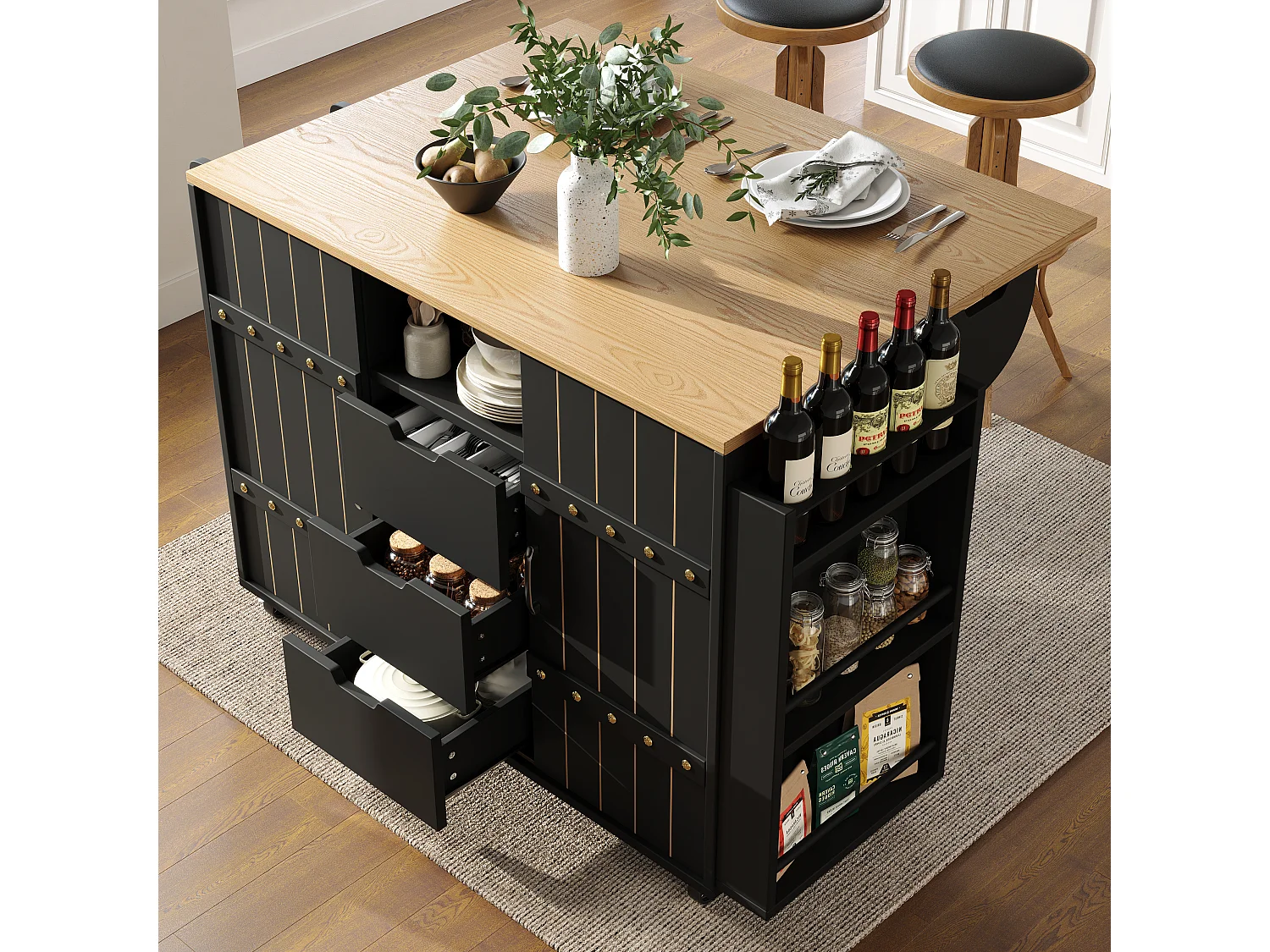 Ilot central de cuisine mobile - Plateau extensible - 3 tiroirs - Avec étagère à épices et porte-serviettes - MDF - Noir