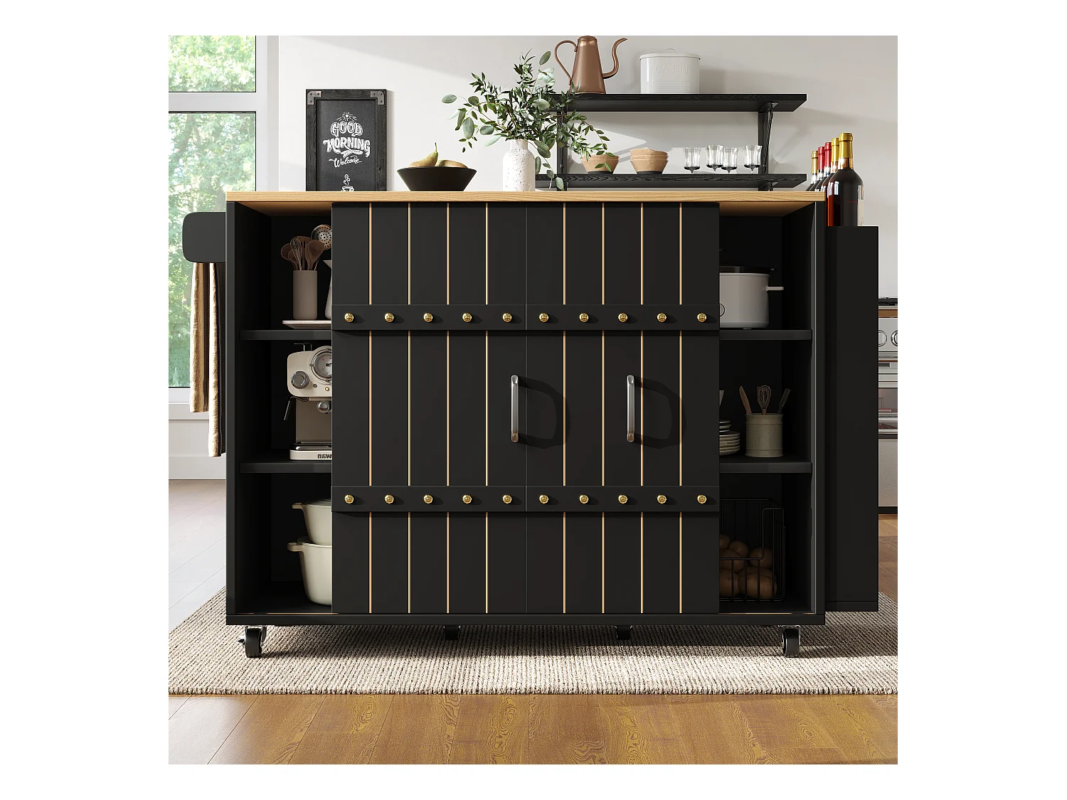 Ilot central de cuisine mobile - Plateau extensible - 3 tiroirs - Avec étagère à épices et porte-serviettes - MDF - Noir