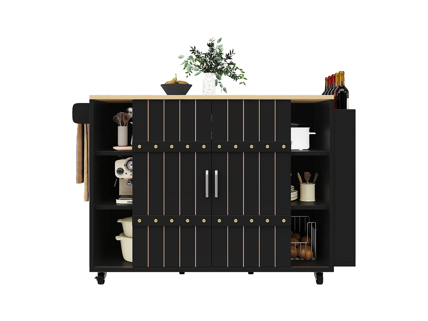 Ilot central de cuisine mobile - Plateau extensible - 3 tiroirs - Avec étagère à épices et porte-serviettes - MDF - Noir