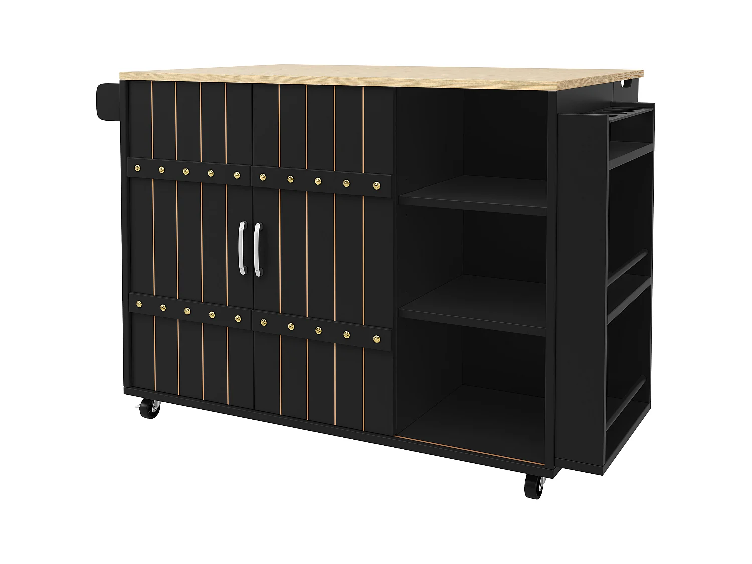 Ilot central de cuisine mobile - Plateau extensible - 3 tiroirs - Avec étagère à épices et porte-serviettes - MDF - Noir