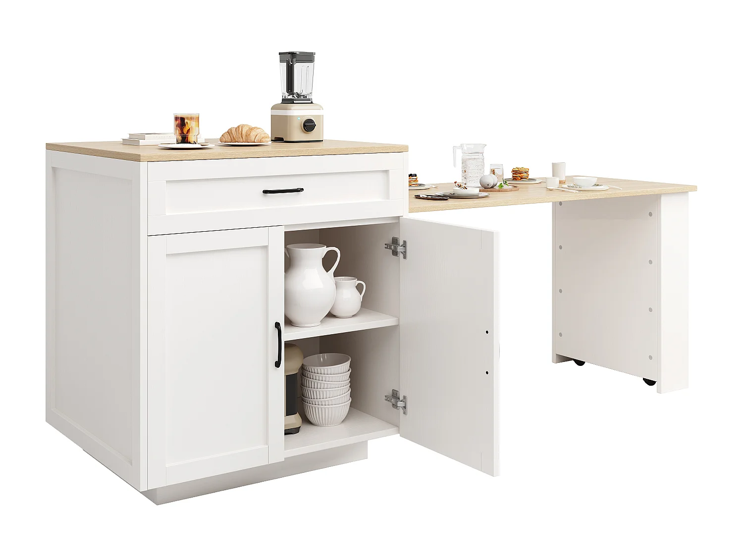 Ilot central de cuisine avec 2 portes et 2 tiroirs - Plateau extensible - Étagères ouvertes - 133(202)x59x93.5 cm - 2 à 6 personnes - Blanc+naturel