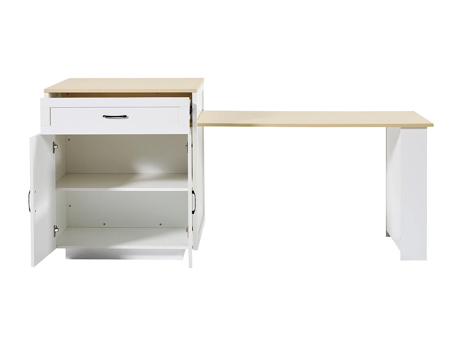 Ilot central de cuisine avec 2 portes et 2 tiroirs - Plateau extensible - Étagères ouvertes - 133(202)x59x93.5 cm - 2 à 6 personnes - Blanc+naturel