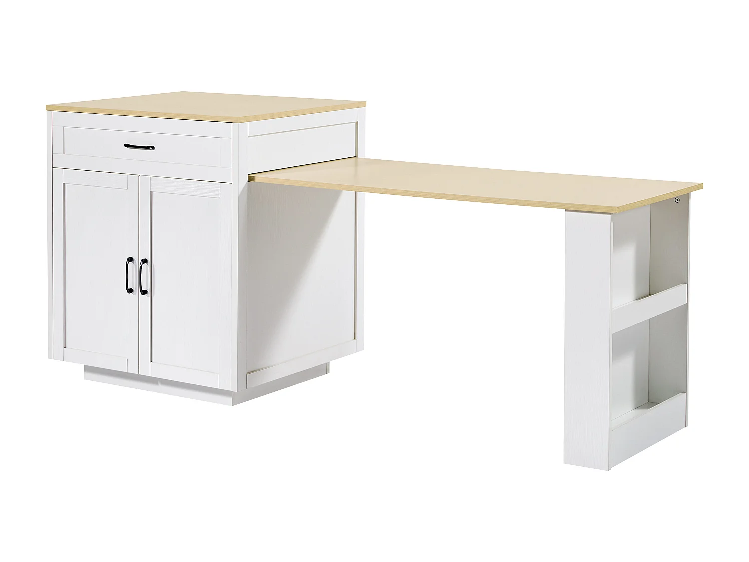 Ilot central de cuisine avec 2 portes et 2 tiroirs - Plateau extensible - Étagères ouvertes - 133(202)x59x93.5 cm - 2 à 6 personnes - Blanc+naturel