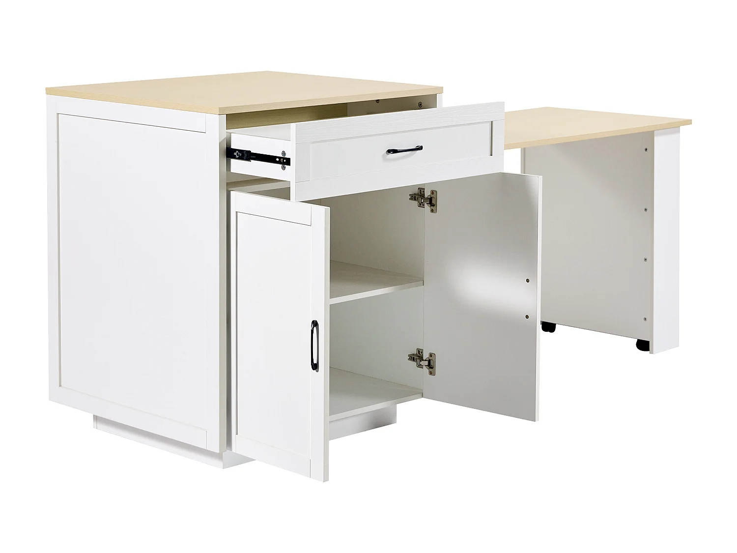 Ilot central de cuisine avec 2 portes et 2 tiroirs - Plateau extensible - Étagères ouvertes - 133(202)x59x93.5 cm - 2 à 6 personnes - Blanc+naturel