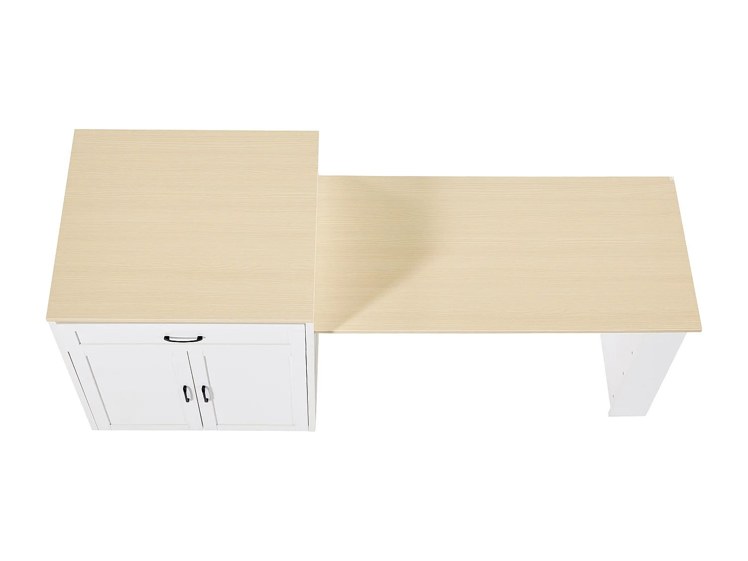 Ilot central de cuisine avec 2 portes et 2 tiroirs - Plateau extensible - Étagères ouvertes - 133(202)x59x93.5 cm - 2 à 6 personnes - Blanc+naturel