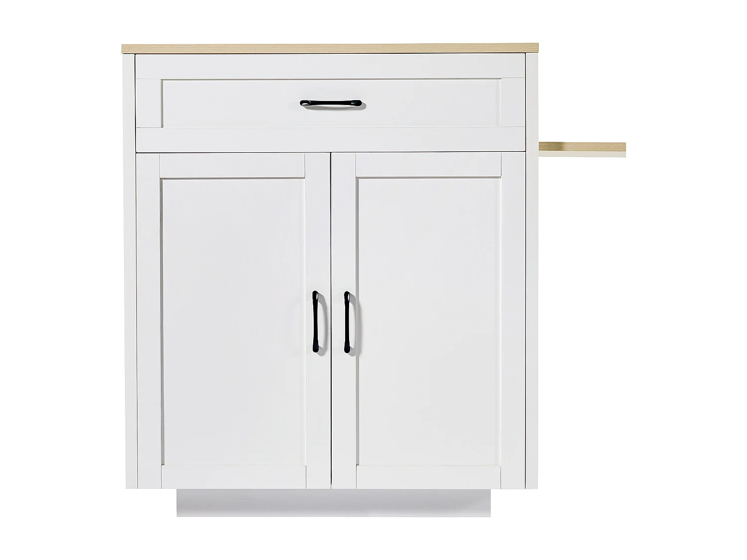 Ilot central de cuisine avec 2 portes et 2 tiroirs - Plateau extensible - Étagères ouvertes - 133(202)x59x93.5 cm - 2 à 6 personnes - Blanc+naturel