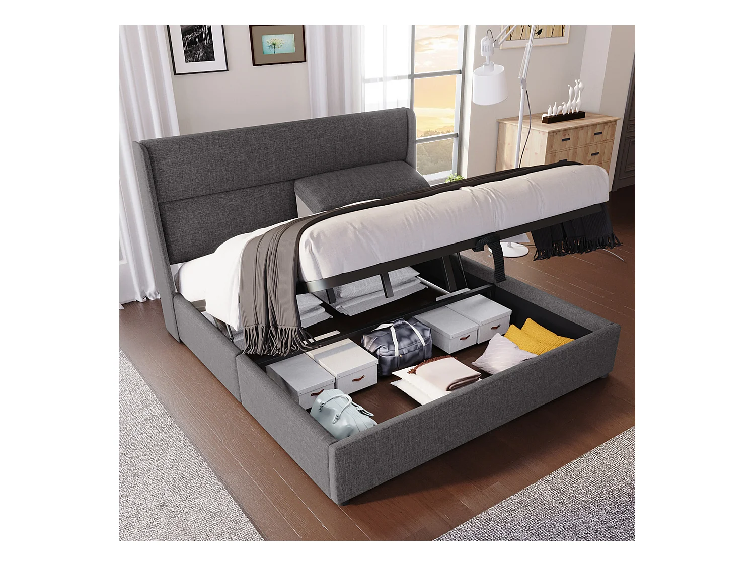 Gepolstertes Bett mit Stauraum 140x200 cm - mit verstellbarem Kopfteil - Lattenrost - Leinen - grau (ohne Matratze)