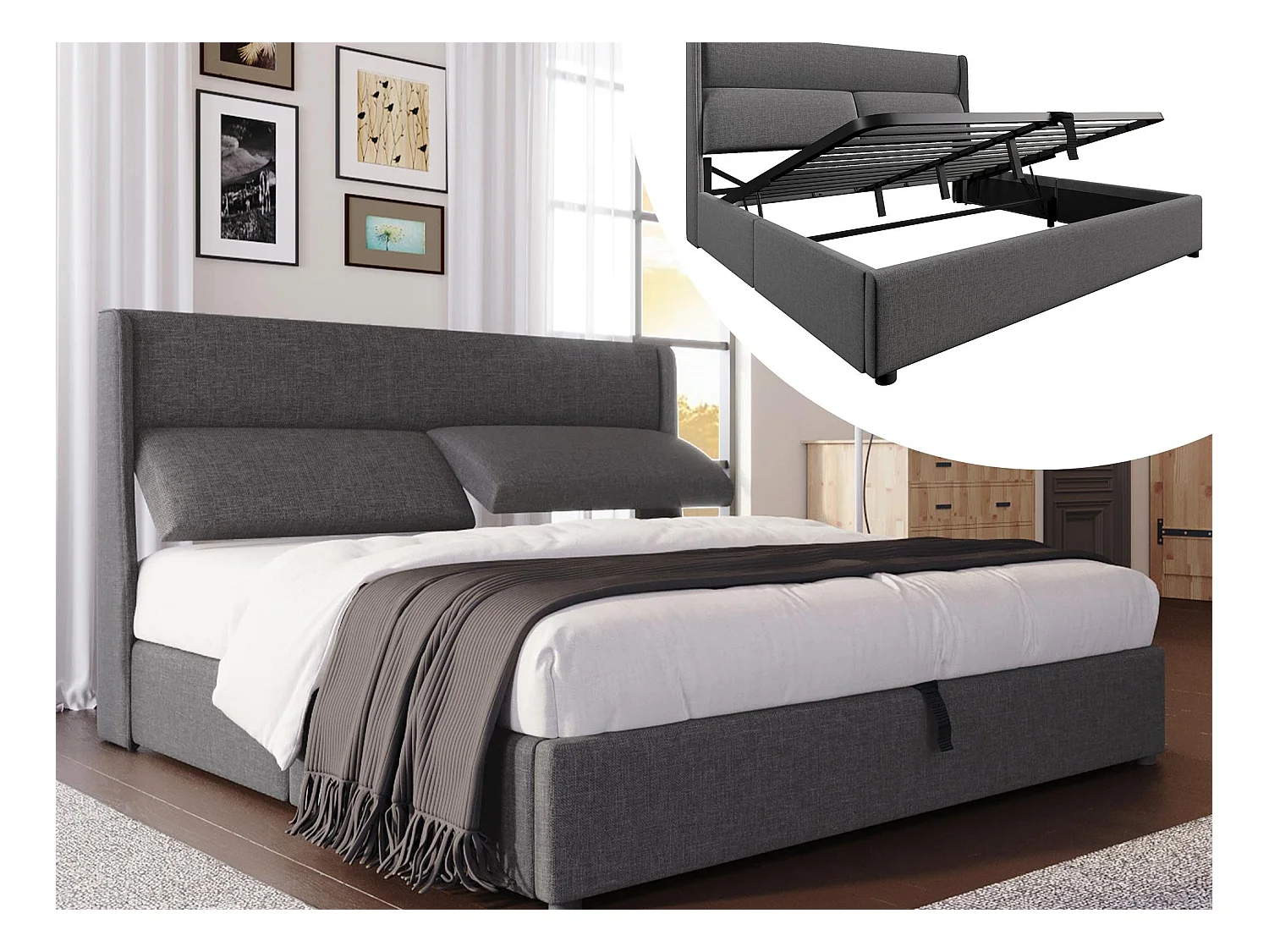 Cama estofada com baú 180x200 cm - com cabeceira ajustável - ripado a ripas - linho - cinza (colchão não incluído)