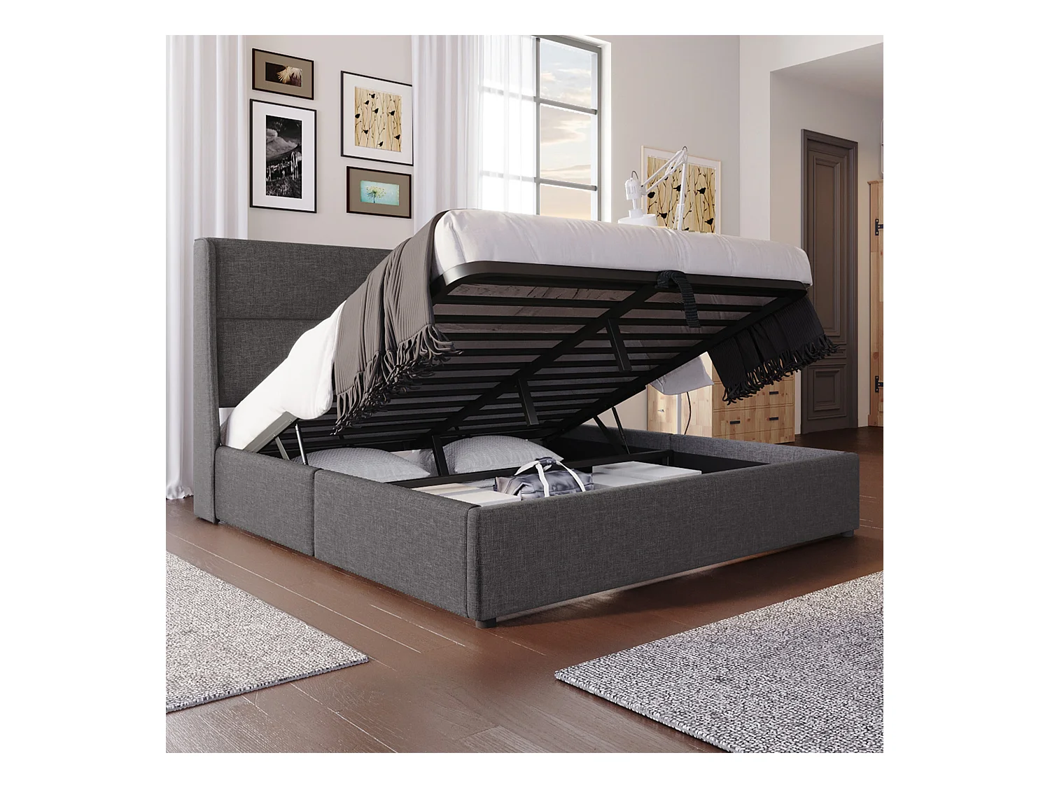 Cama estofada com baú 180x200 cm - com cabeceira ajustável - ripado a ripas - linho - cinza (colchão não incluído)