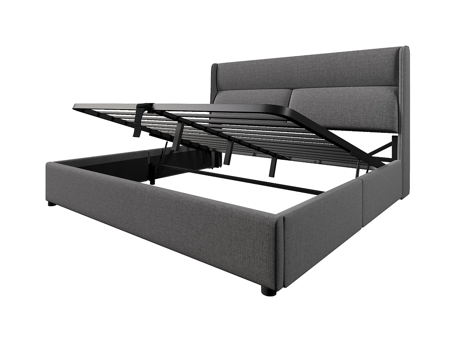 Cama estofada com baú 180x200 cm - com cabeceira ajustável - ripado a ripas - linho - cinza (colchão não incluído)