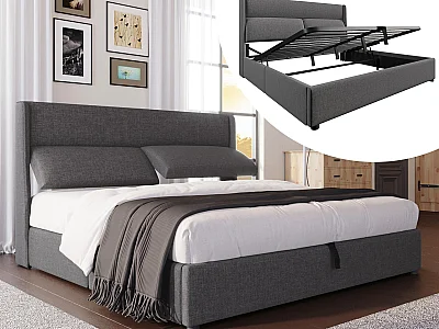 Letto imbottito con contenitore 180x200 cm - con testiera regolabile - rete a doghe - lino - grigio (materasso non incluso)