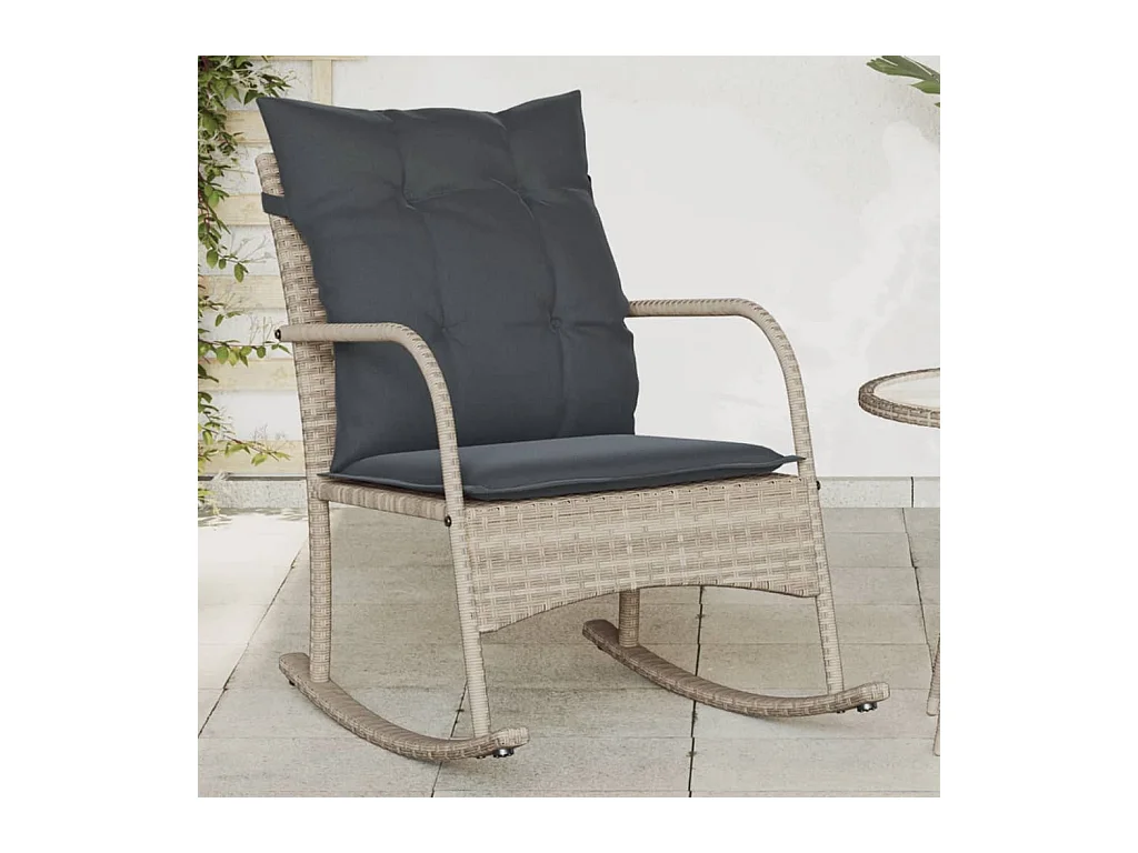 Chaise à bascule de jardin avec coussins gris clair poly rotin