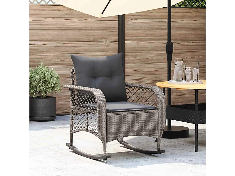 Chaise à bascule de jardin avec coussins gris résine tressée