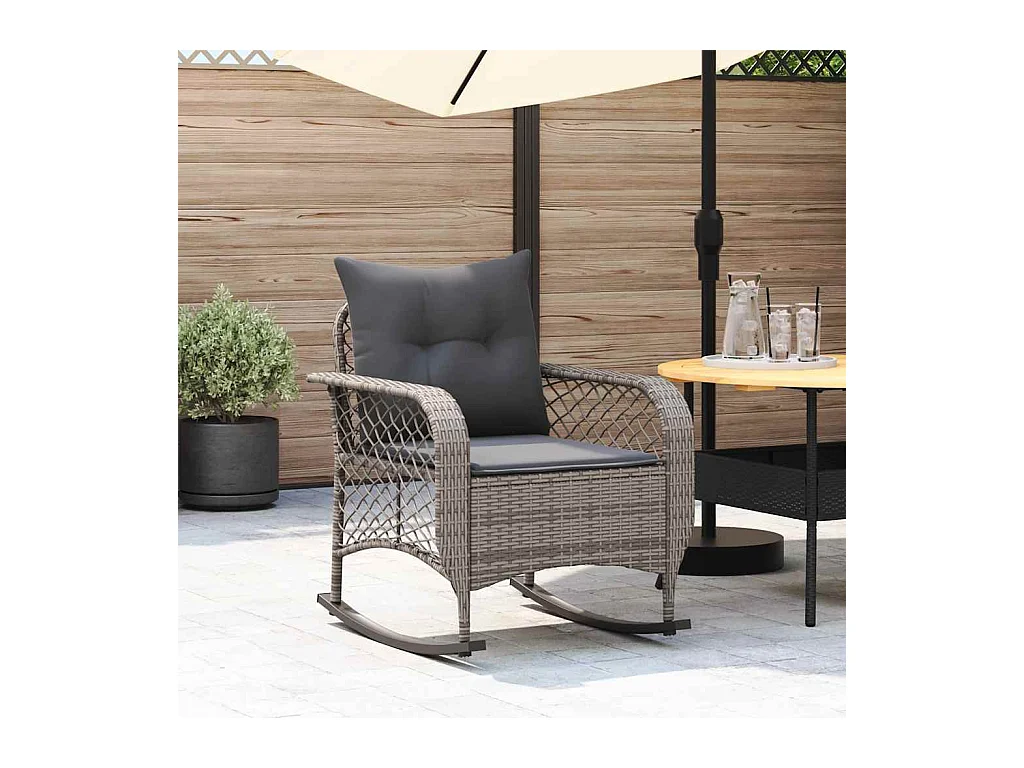 Chaise à bascule de jardin avec coussins gris résine tressée