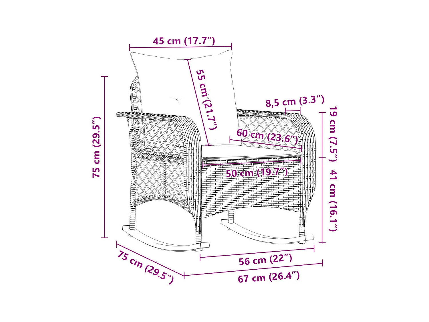 Chaise à bascule de jardin avec coussins gris résine tressée
