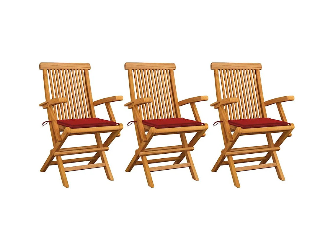 Chaises de jardin avec coussins rouge 3 pièces Bois de teck massif