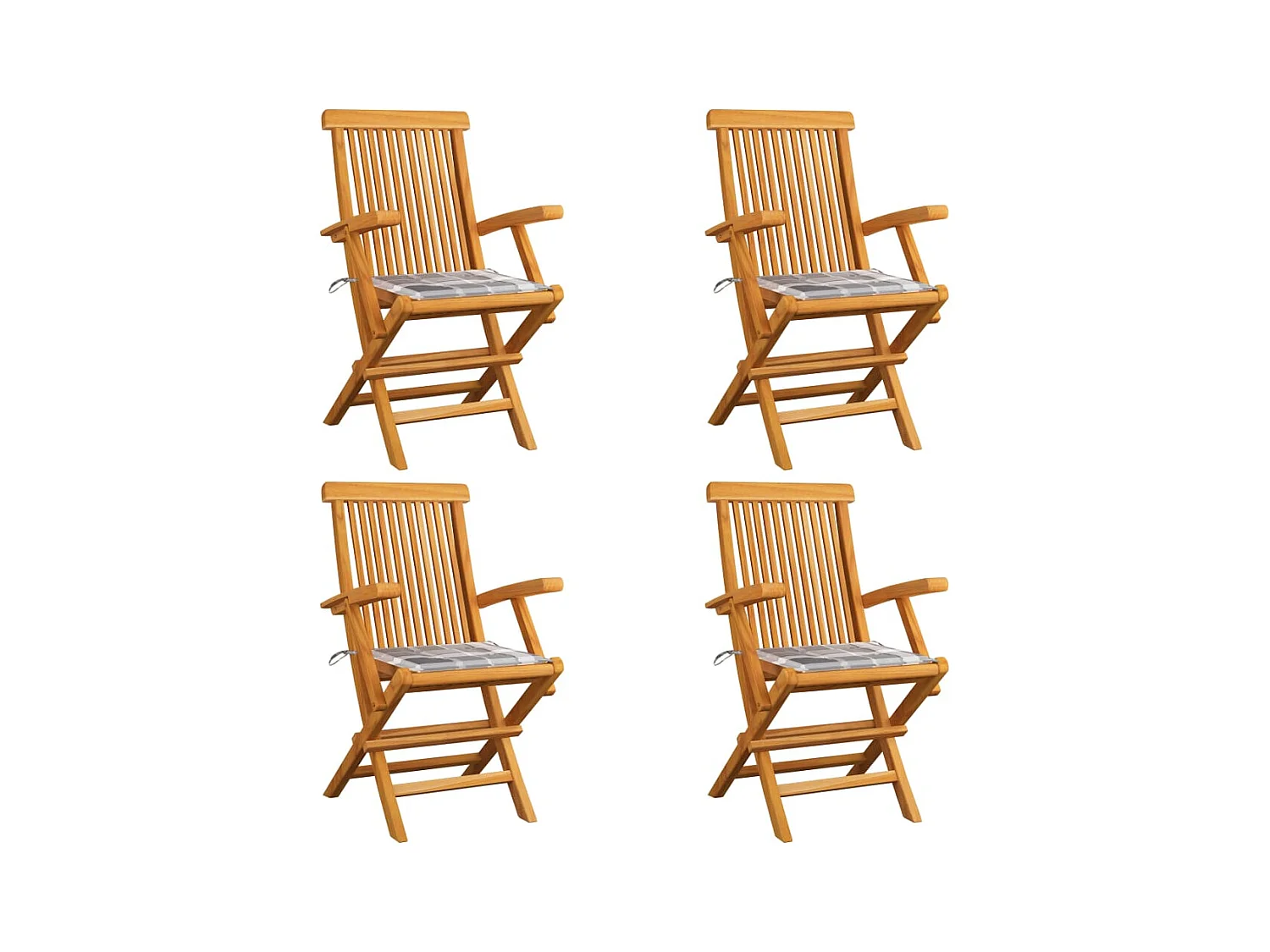 Chaises de jardin et coussins à carreaux gris 4 pièces Teck massif