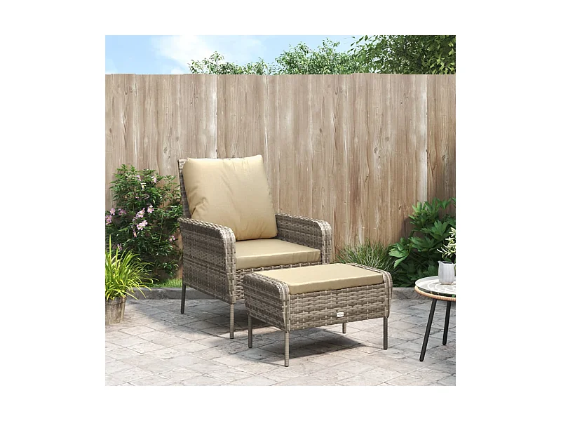 Cadeira de jardim com apoio de pés vime PE castanho-claro