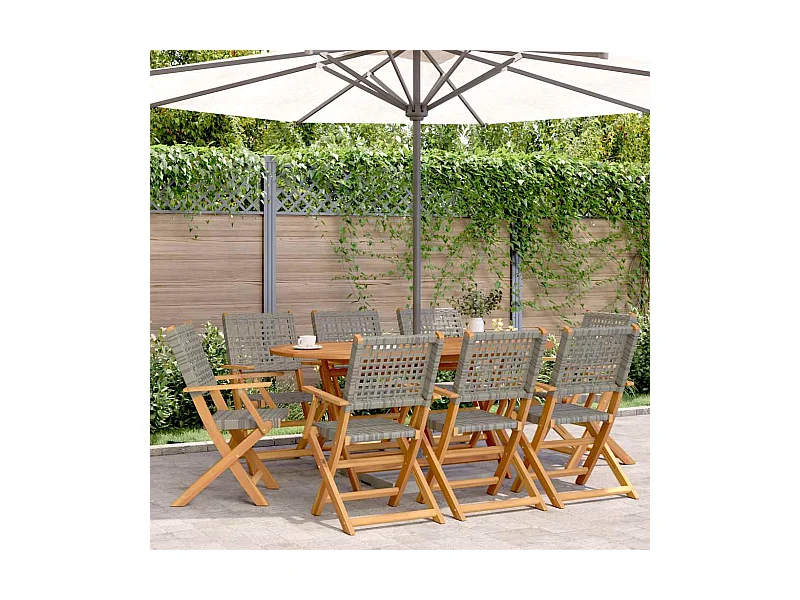 Sillas de jardín plegables 8 unidades madera maciza y ratán PE gris