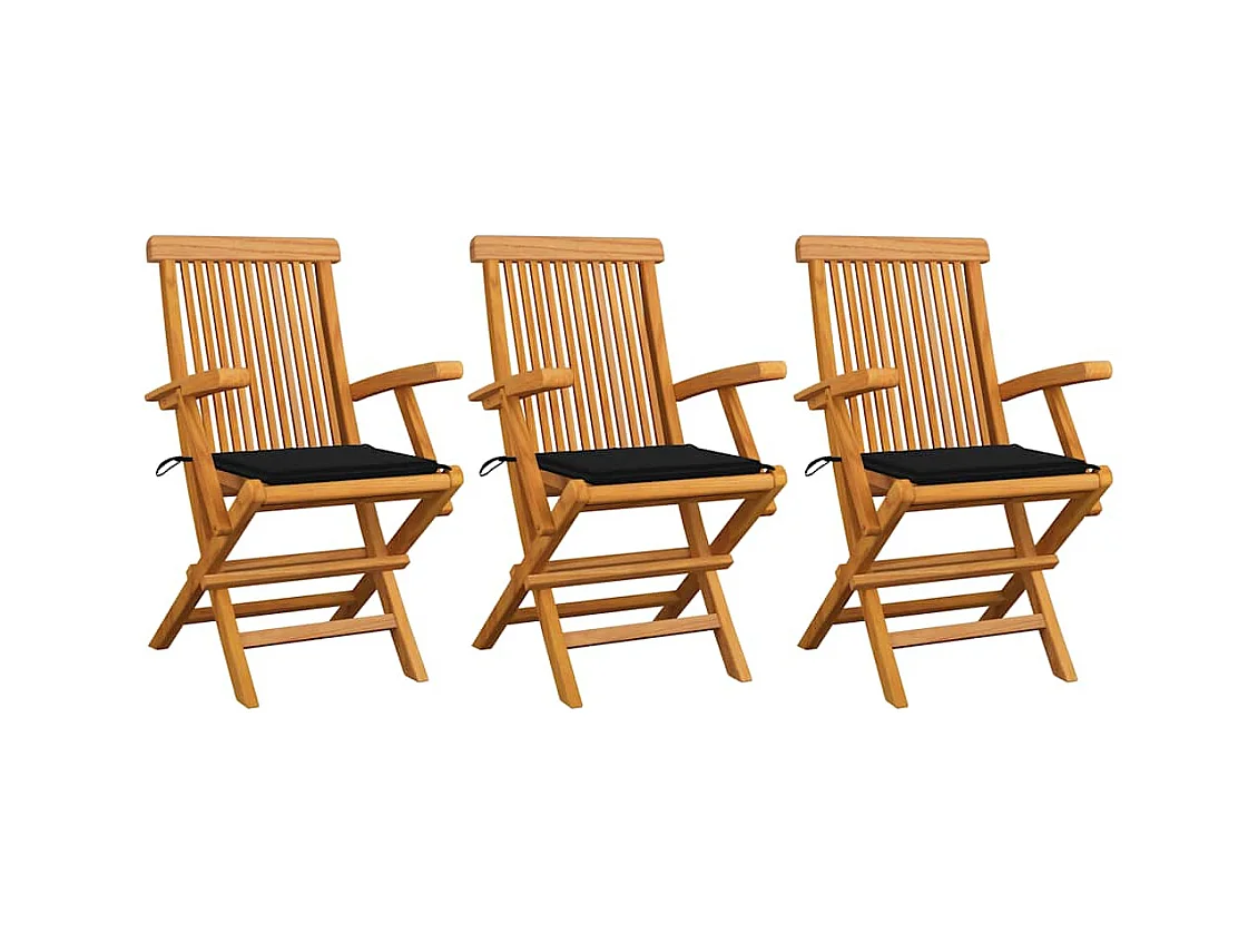 Chaises de jardin avec coussins noir 3 pièces Bois de teck massif