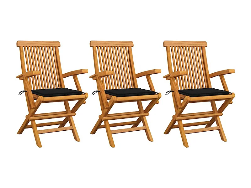 Cadeiras de jardim com almofadões pretos 3 peças teca maciça