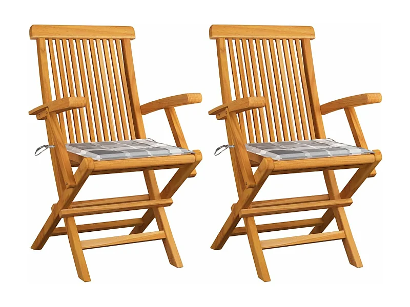 Chaises de jardin 2 pièces avec coussins à carreaux gris Teck