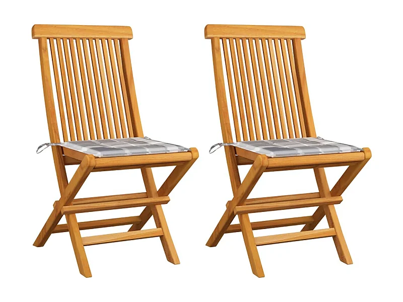 Chaises de jardin 2 pièces avec coussins à carreaux gris Teck