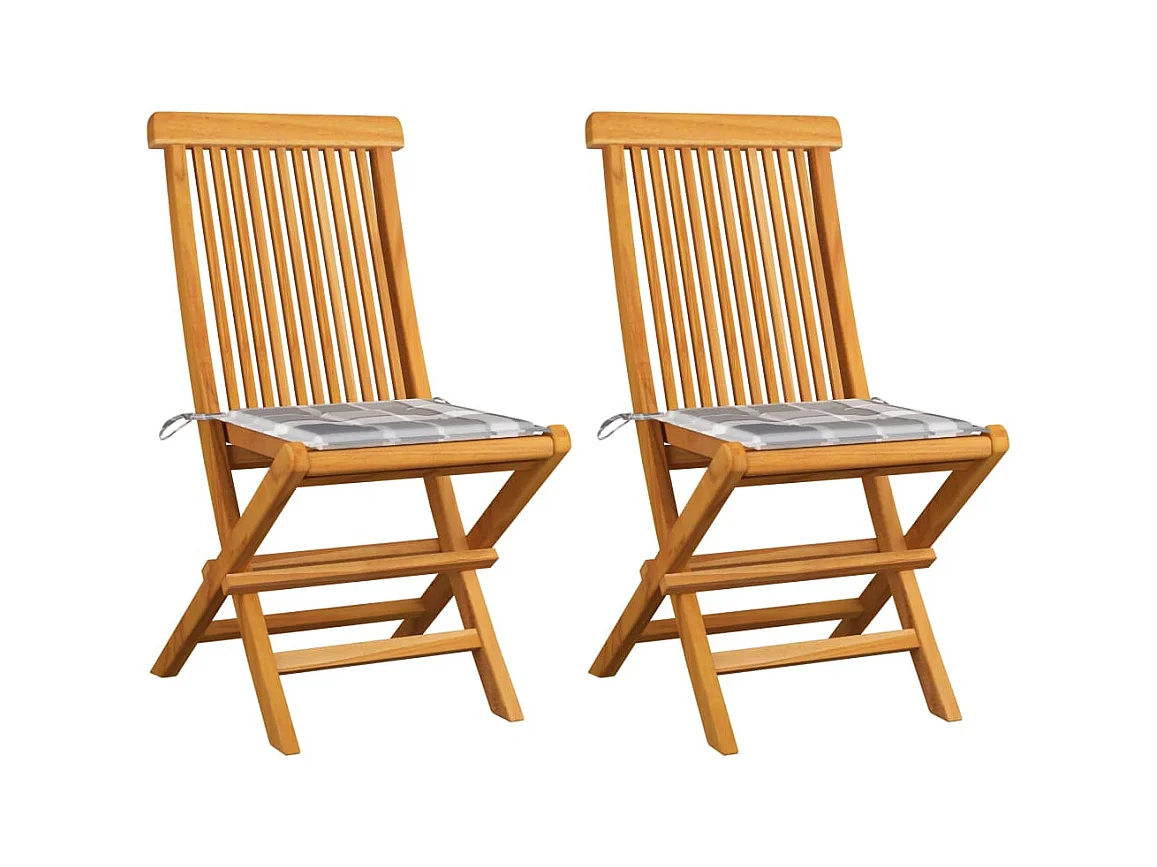 Chaises de jardin 2 pièces avec coussins à carreaux gris Teck