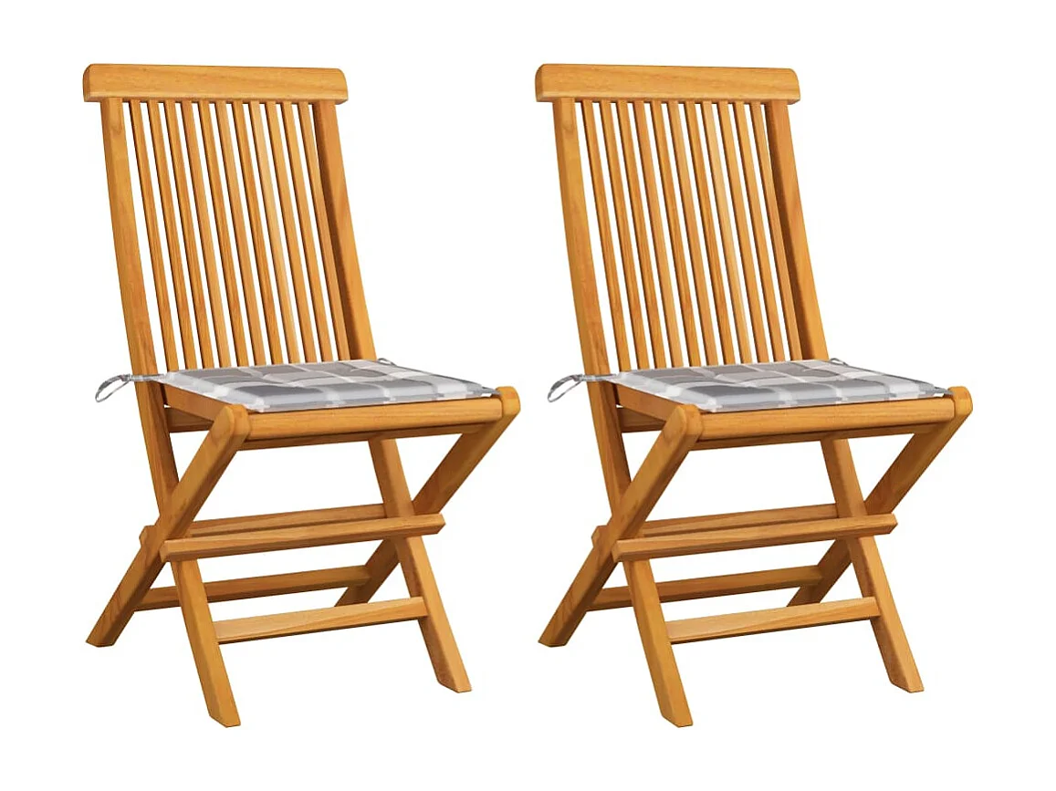 Chaises de jardin 2 pièces avec coussins à carreaux gris Teck