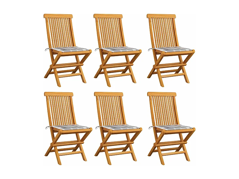 Chaises de jardin et coussins à carreaux gris 6 pièces Teck massif