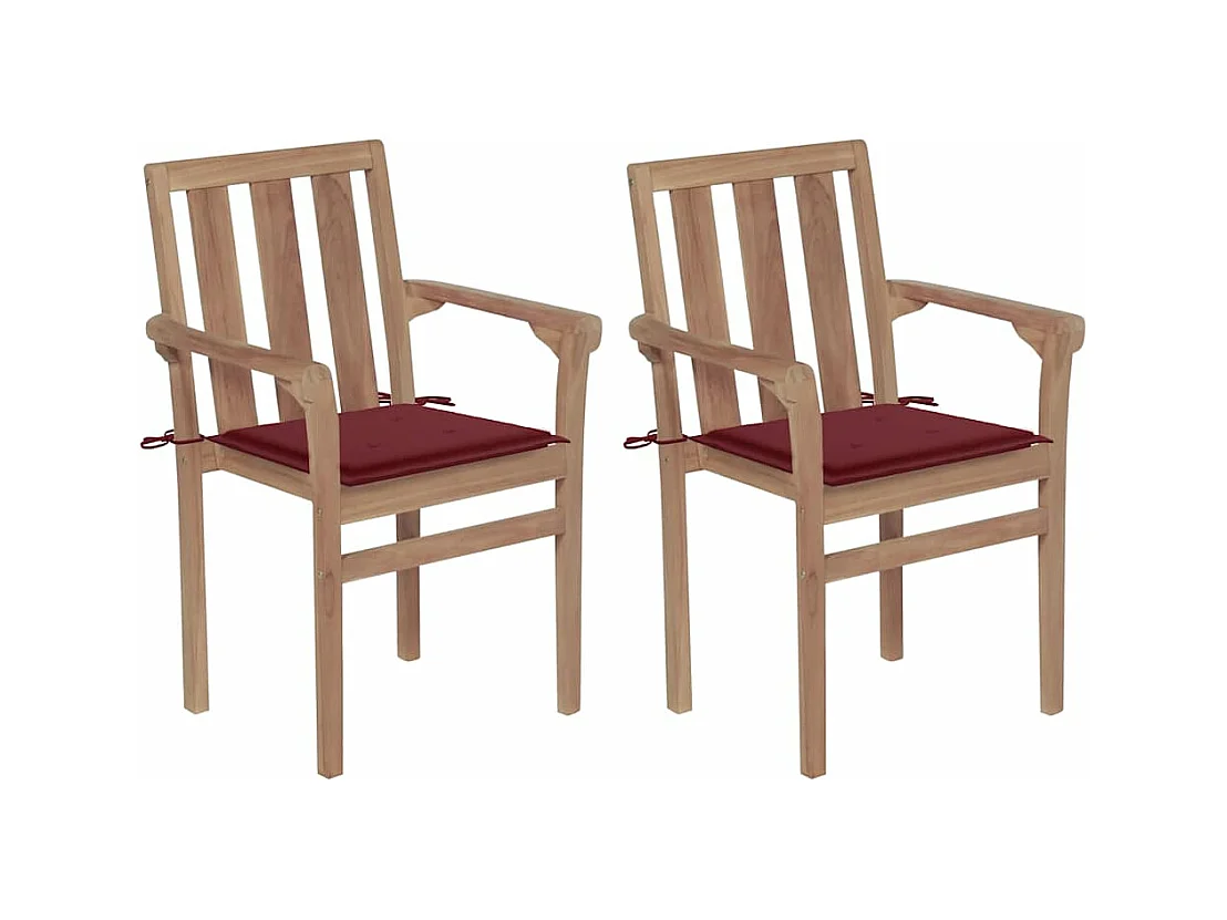 Chaises de jardin 2 pièces avec coussins rouge bordeaux Teck massif