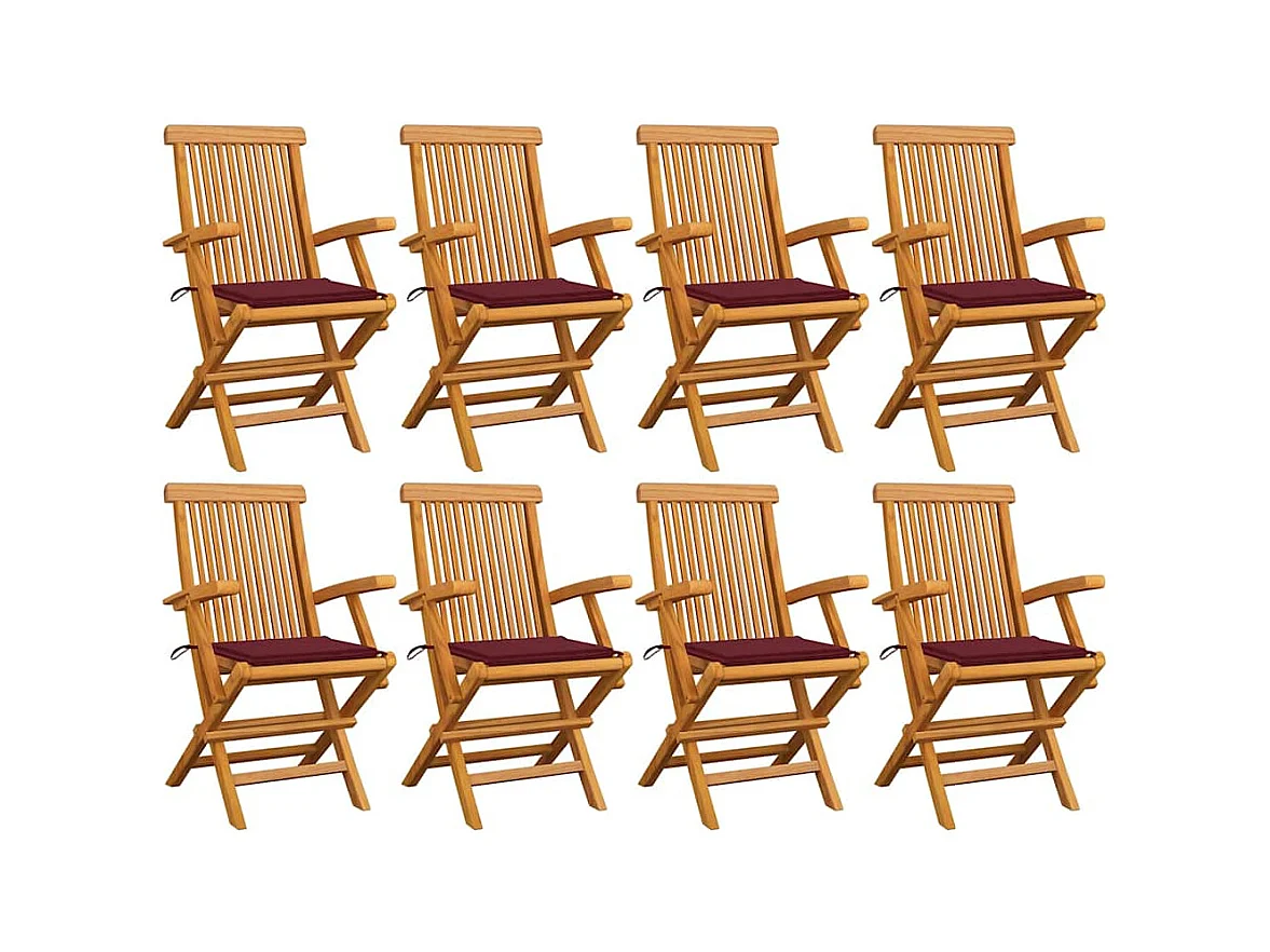 Chaises de jardin avec coussins bordeaux 8 pièces Teck massif
