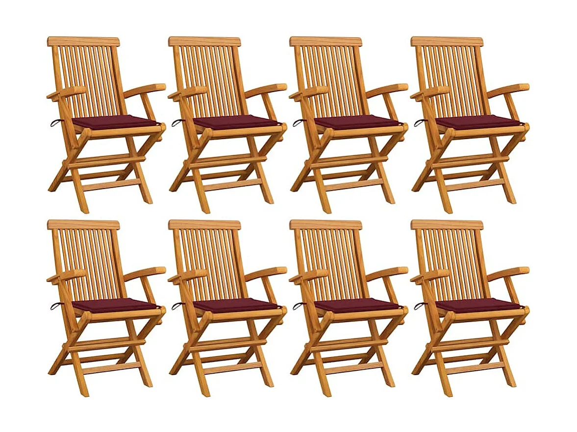 Chaises de jardin avec coussins bordeaux 8 pièces Teck massif