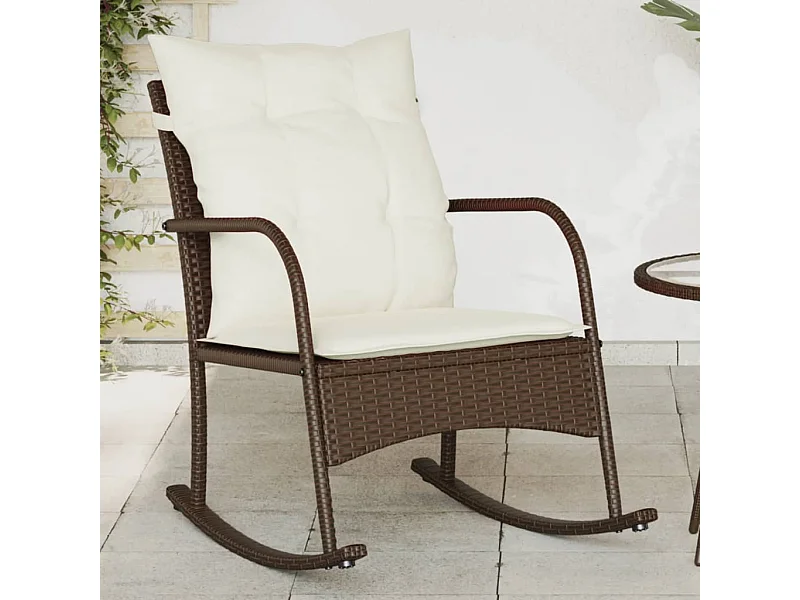 Silla mecedora de jardín con cojines ratán sintético marrón
