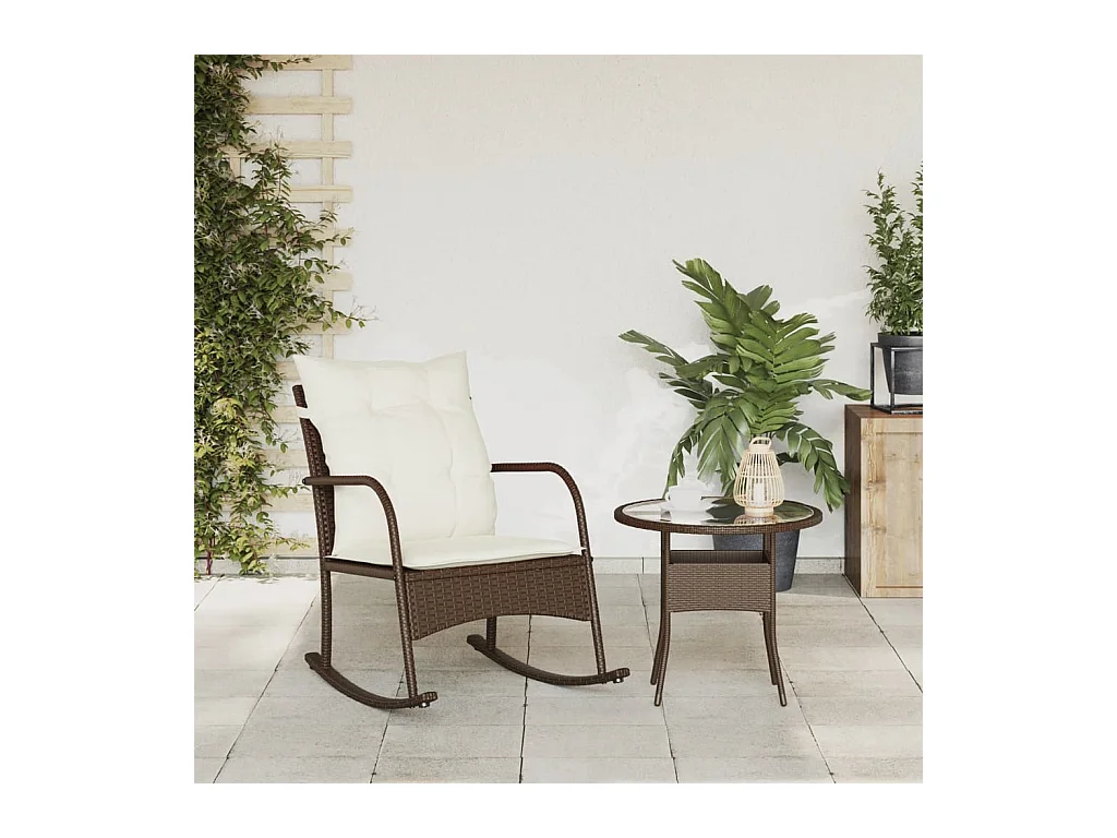 Chaise à bascule de jardin avec coussins marron résine tressée