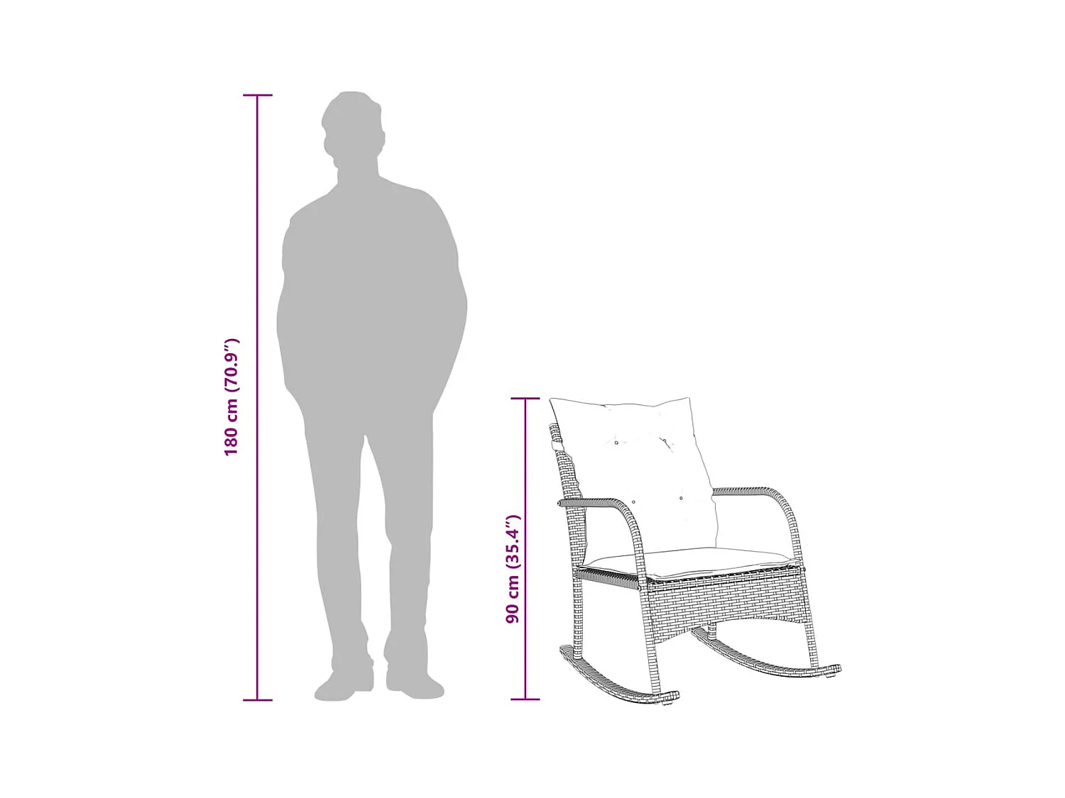 Chaise à bascule de jardin avec coussins marron résine tressée