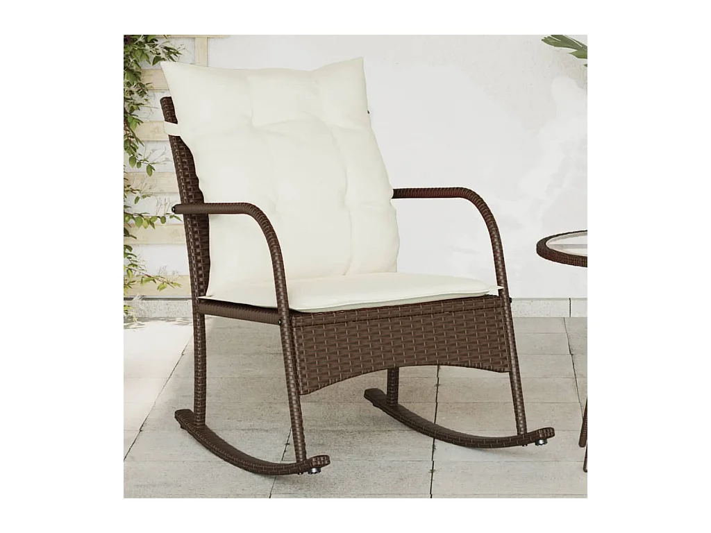 Silla mecedora de jardín con cojines ratán sintético marrón