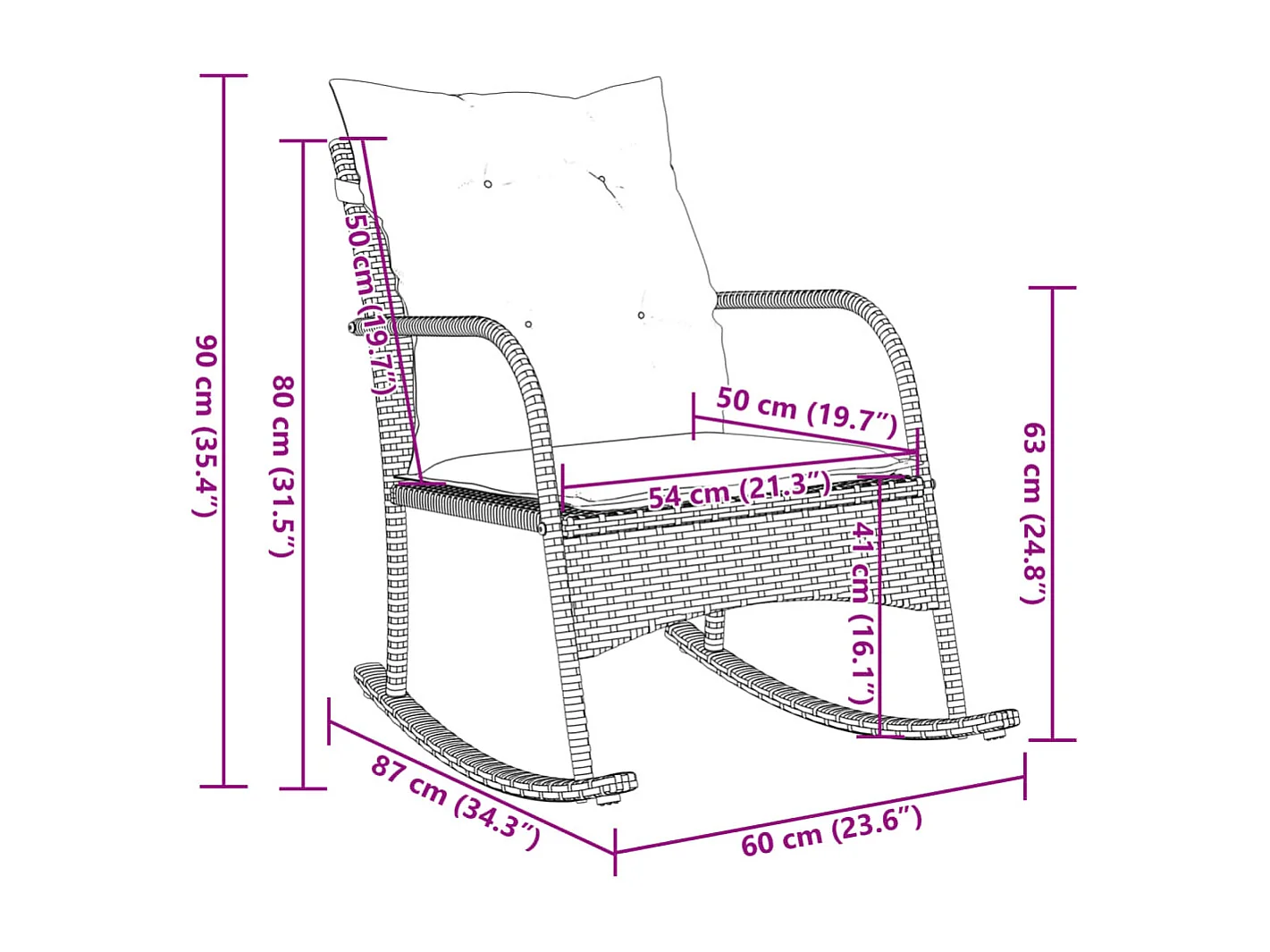 Chaise à bascule de jardin avec coussins marron résine tressée