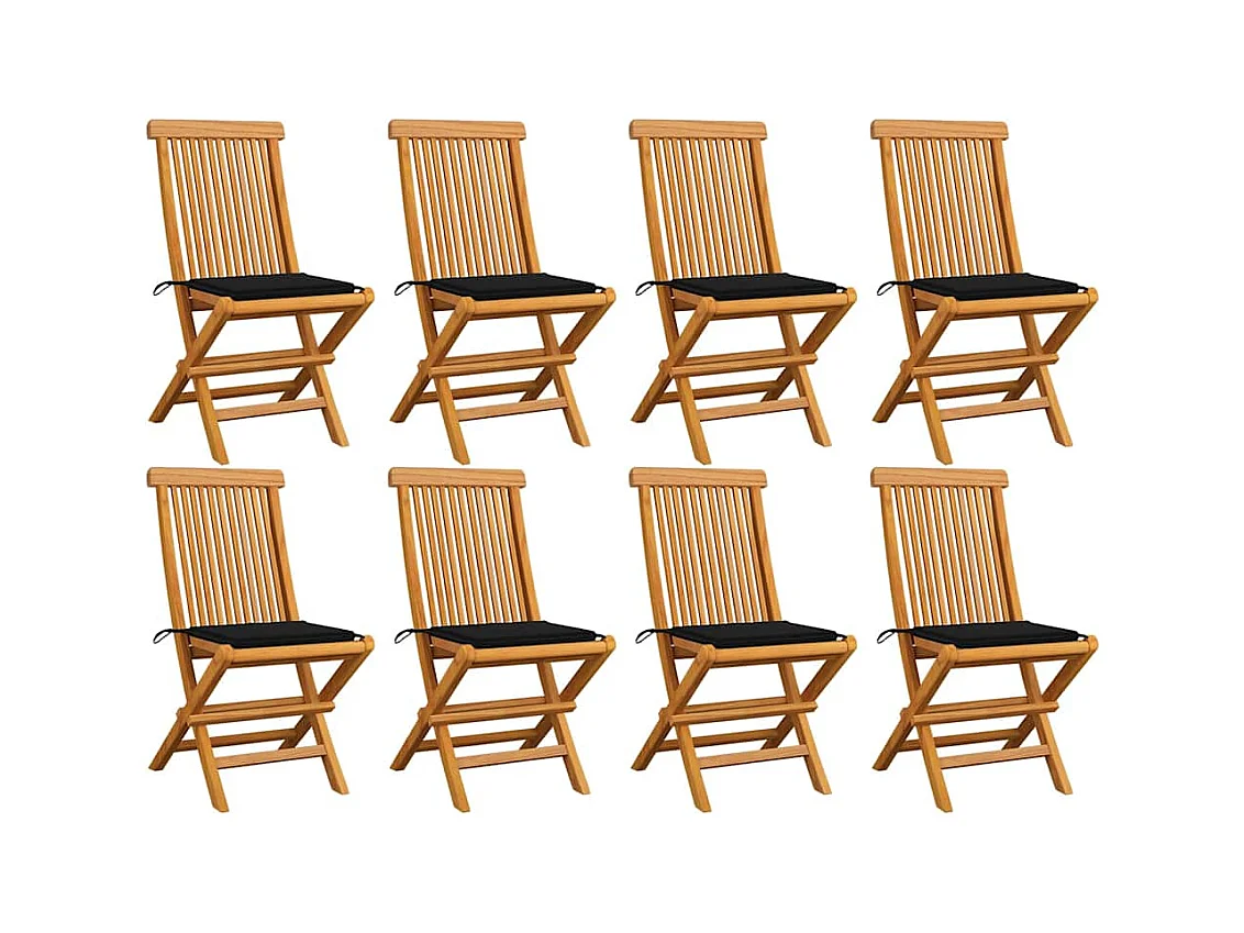 Cadeiras de jardim com almofadões pretos 8 peças teca maciça