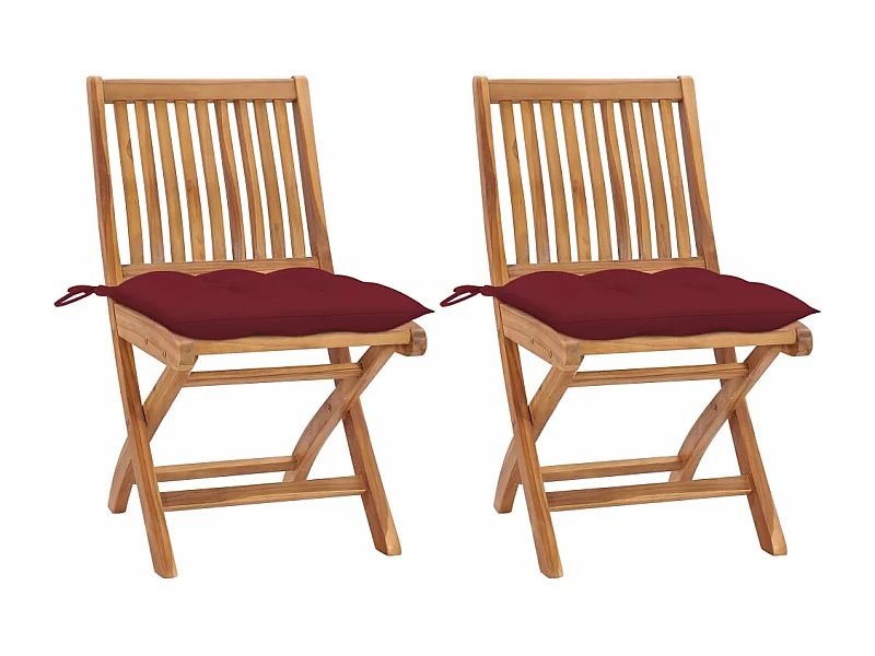 Chaises de jardin 2 pièces avec coussins rouge bordeaux Teck massif