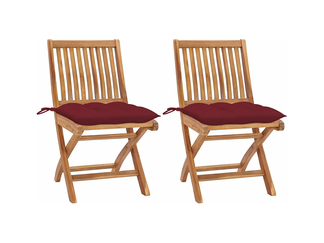 Chaises de jardin 2 pièces avec coussins rouge bordeaux Teck massif