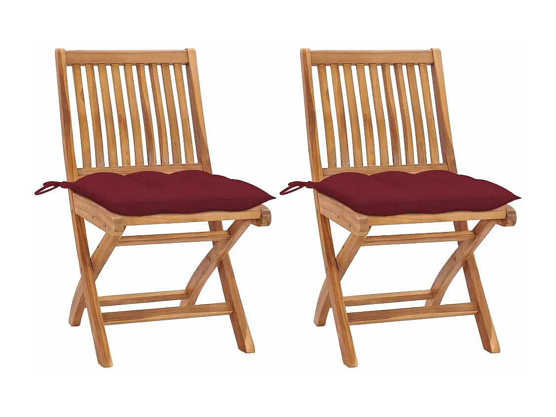 Chaises de jardin 2 pièces avec coussins rouge bordeaux Teck massif
